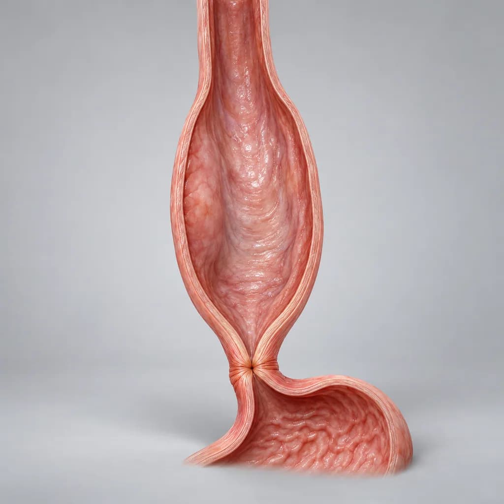 Cut-away model of the esophagus, widened along its length and tapering to a tightly closed ring at the base