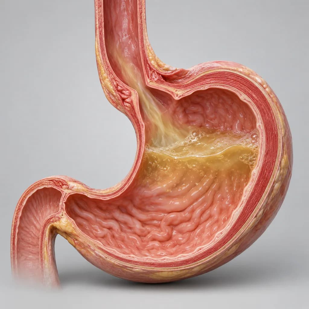 Cut-away model of the stomach and the lower esophagus, the valve between them held open and stomach contents rising through it