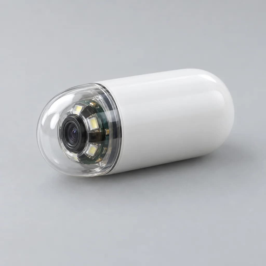 A capsule endoscopy pill: a smooth white capsule with a clear lens dome at one end