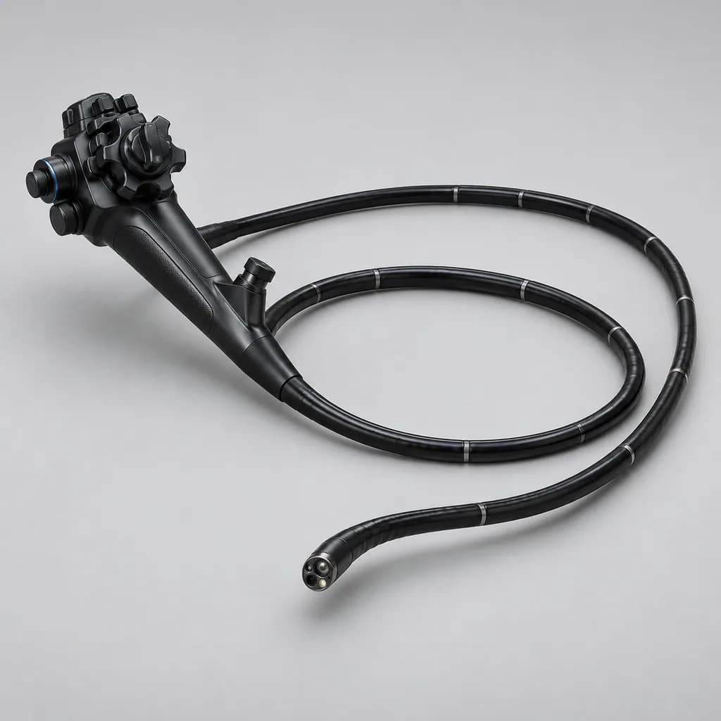 A modern flexible gastroscope coiled loosely, thinner than a colonoscope, with its control head visible