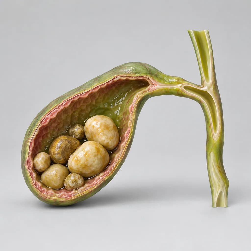 Cut-away model of the gallbladder containing several smooth, rounded stones, with the duct leaving it clear