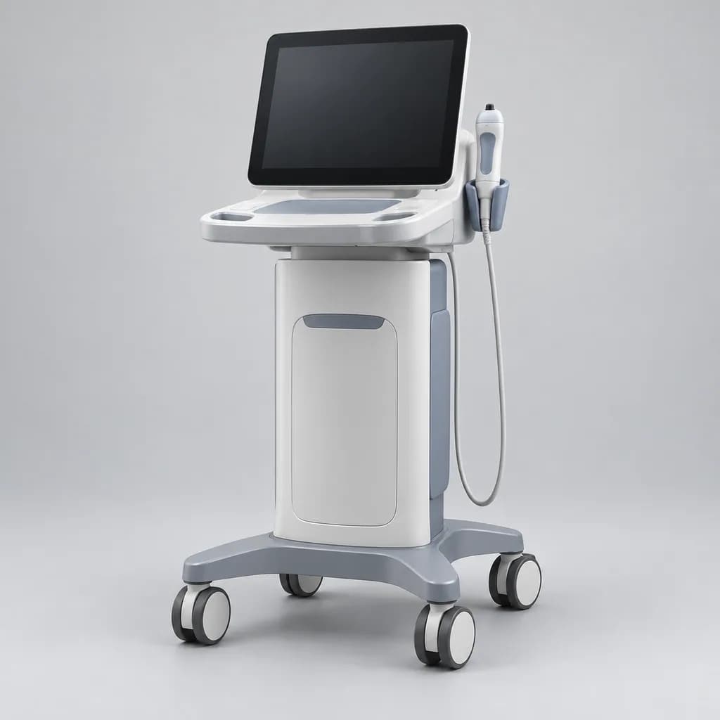 A FibroScan unit on a cart with a blank screen and a handheld probe resting in its holder