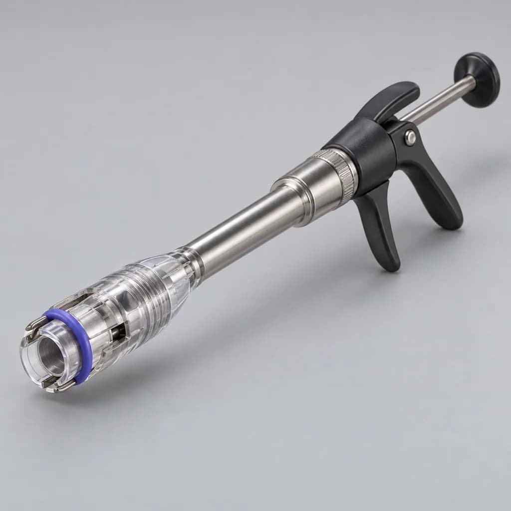 A slim banding applicator shown on its own, with a small rubber band seated at the tip