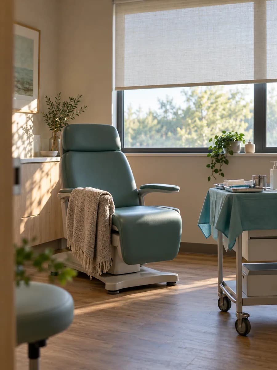 A private treatment room with a single chair and a covered instrument trolley
