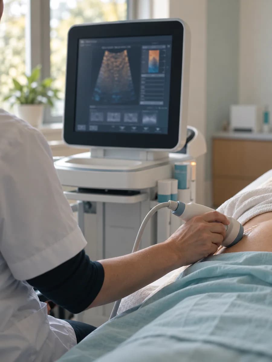 A liver scan in progress: a clinician holds the probe, the patient draped and out of frame