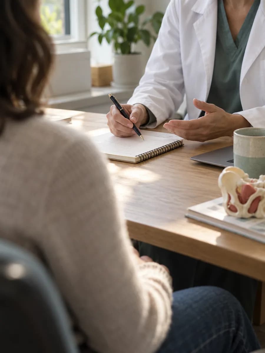 A consultation across a desk, seen from behind the patient, the clinician taking notes
